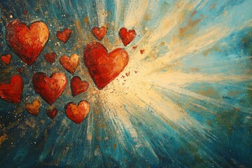 Poster - Bold hearts burst from a vibrant blue backdrop in a colorful expression of love and joy