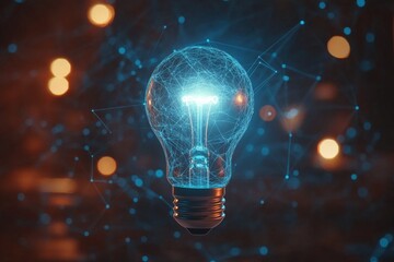 Poster - Bright light bulb glowing amidst digital connections and abstract background with bokeh effects