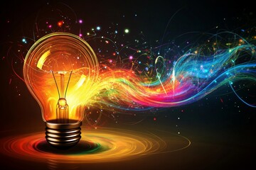 Poster - Colorful light emanates from a glowing light bulb with swirling energy and abstract designs in a dark background