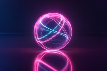 Aufkleber - Colorful neon sphere with glowing lines on a reflective surface in a dark environment at night