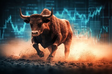 Aufkleber - Bull charging forward with stock market graphs in the background highlighting financial trends and volatility