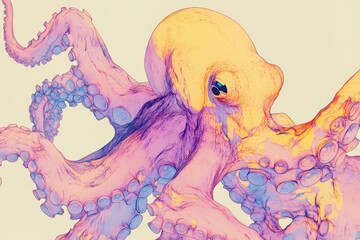Poster - Colorful abstract representation of an octopus in a vibrant underwater environment, showcasing its unique features and movements
