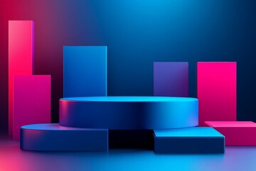 Poster - Modern display platform with geometric shapes in vibrant colors for creative presentations and product showcases