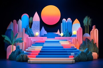 Aufkleber - Colorful geometric stage design with vibrant lighting and modern elements in a creative space
