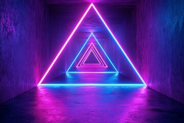Poster - Vibrant neon triangles illuminate a dark corridor with striking colors and geometric patterns