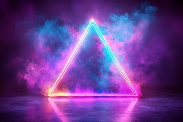 Aufkleber - Vibrant neon triangle surrounded by colorful smoke creates an electric atmosphere in a dark setting