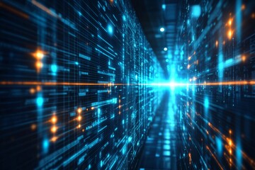 Poster - Lines of blue and orange light create a digital corridor in a futuristic environment at night