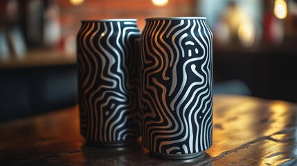 Poster - Two visually striking cans with wavy patterns sit side by side on a rustic wooden table. The warm lighting of the bar creates a relaxed atmosphere, perfect for enjoying drinks.