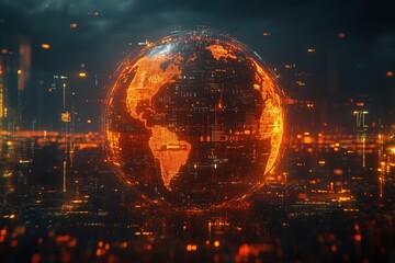 Fototapete - Glowing digital globe representing interconnected data and technology in a futuristic landscape at night