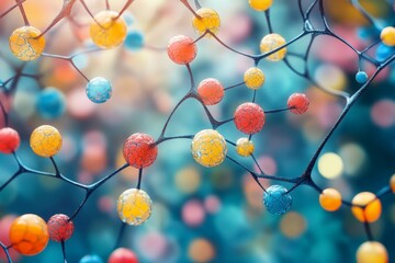 Poster - Colorful molecular structure showcasing interconnected atoms and bonds with a vibrant background in a scientific context