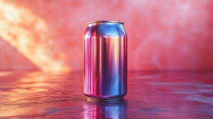 Poster - A metallic can stands upright on a reflective surface, showcasing a vibrant mix of colors. The background adds a dynamic feel to the composition, enhancing the visual impact.
