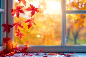 Poster - Vibrant autumn leaves falling near a sunlit window creating a warm, inviting atmosphere in the afternoon light