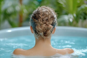 Poster - Woman enjoying a relaxing moment in a turquoise hot tub surrounded by lush greenery and warm sunlight during a sunny day
