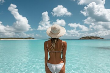 Poster - Woman enjoying a tropical beach day in clear blue waters and cloudy skies