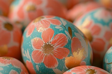Poster - Colorful floral decorated eggs nestled together on a soft surface during springtime celebration