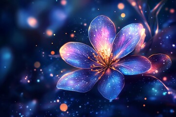 Aufkleber - Colorful flower illuminated by starlight in a dreamy night sky with shimmering particles and vibrant colors