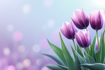 Poster - Beautiful purple tulips blooming in a serene garden setting during early spring mornings