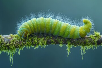 Poster - Green hairy caterpillar crawling on a mossy branch in a lush forest during daytime