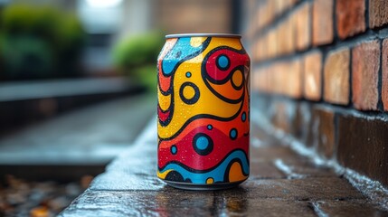 Aufkleber - A vibrant beverage can is placed on a wet stone surface, adorned with swirling patterns. Lush greenery is visible in the background, hinting at an urban environment.