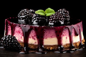 Aufkleber - Delicious blackcurrant cheesecake topped with fresh blackberries and mint leaves presented on a dark background