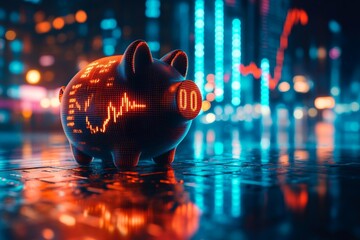 Aufkleber - Digital piggy bank with financial data glowing against a city skyline at night, symbolizing online investment and savings