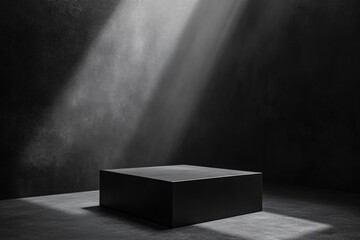 Poster - Dramatic lighting illuminates a minimalist black structure in a dark, abstract space