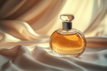Poster - Elegant perfume bottle displayed on silk fabric with soft lighting creating a luxurious ambiance
