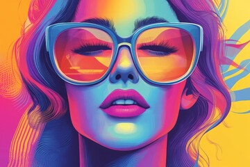 Poster - Colorful portrait of a woman wearing oversized sunglasses with vibrant hues reflecting a modern, artistic vibe