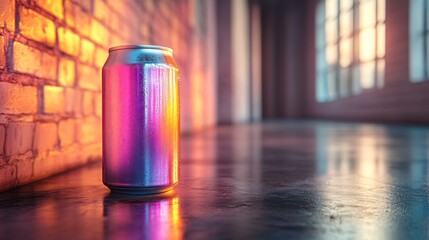 Poster - A reflective metallic can stands on the polished floor in an industrial setting, illuminated by warm sunset light streaming through large windows. The vibrant colors create a captivating atmosphere.