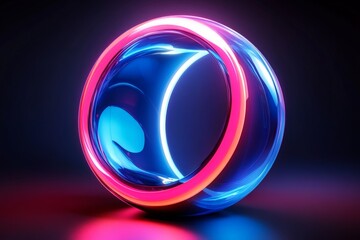Aufkleber - Colorful abstract neon ring with luminous blue and pink elements lit against a dark backdrop at a digital art exhibition