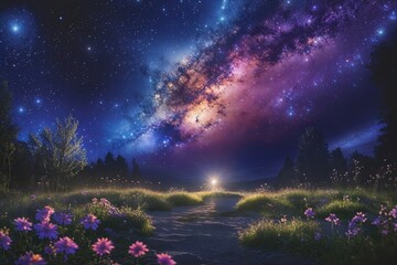 Wall Mural - Ethereal Twilight Star Tapestry: Radiant Galaxy Scene with a Navy Background and Luminous Glow