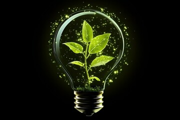 Poster - Light bulb filled with green leaves and sparkles symbolizes environmental awareness and sustainability in modern design