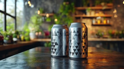 Poster - Two beverage cans featuring a geometric pattern rest on a dark wooden table. The background showcases lush greenery within a cozy cafe environment, illuminated by soft afternoon light.