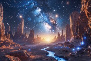 Wall Mural - Cosmic Adventure: A Glowing Exploration of the Universe's Starlit Landscape