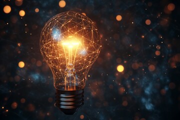 Aufkleber - Creative light bulb glowing with interconnected lines and warm bokeh effects in a dark setting