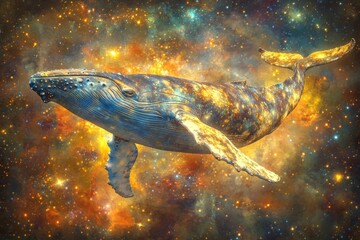 Poster - Colorful whale swims through a vibrant cosmic background showcasing the beauty of marine life and the universe