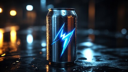 Poster - A metallic can of sparkling drink stands out with a striking blue lightning design. It is sitting on a wet surface, with ambient light creating a dramatic atmosphere at night.