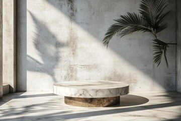 Aufkleber - Modern marble coffee table in minimalist interior with natural light and palm leaves casting shadows