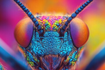 Poster - Close-up of a vibrant insect showcasing intricate details of its colorful eyes and textures in a macro perspective