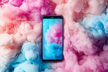 Poster - Colorful vapor surrounds a smartphone on a vibrant pink and blue backdrop in a creative setting