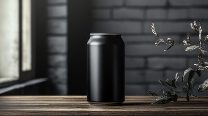 Aufkleber - A black beverage can stands on a rustic wooden table beside delicate plants, bathed in soft light from a nearby window, suggesting a cozy atmosphere.