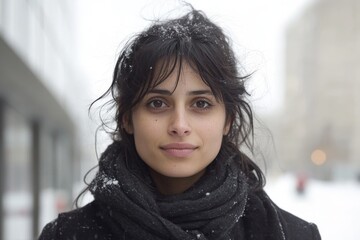 Poster - Young woman with dark hair standing outdoors in a snowy urban environment during winter