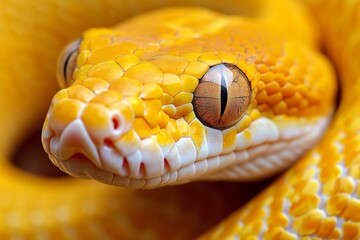 Poster - Bright yellow snake displays intricate scales and striking eyes in close-up view at a wildlife sanctuary