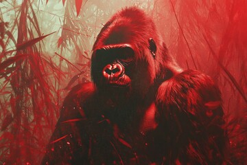 Poster - Majestic gorilla rests among thick jungle foliage in a captivating red light during sunset