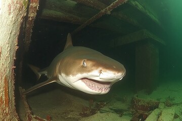 Poster - Shark swimming through submerged wreck in clear tropical waters during daytime exploration