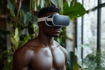 Poster - Man immersed in virtual reality while surrounded by lush greenery in a contemporary indoor setting