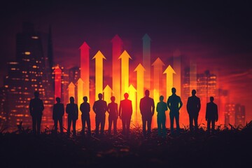 Aufkleber - Business professionals in silhouette against an upward trend graphic in a cityscape environment at night