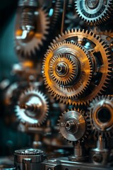 Poster - Close-up View of Interlocking Industrial Cogs, Gears, and Mechanical Components in Motion
