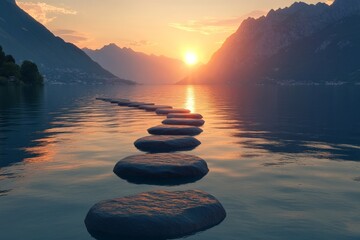 Poster - Sunrise illuminates stepping stones across tranquil water in a mountainous landscape