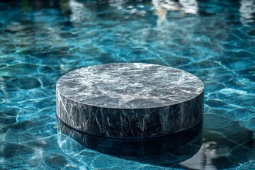Poster - Circular stone platform surrounded by crystal clear water in a serene outdoor setting
